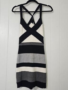 Forever 21 Bodycon Dress L Black White Gray Striped Crisscross Stretch